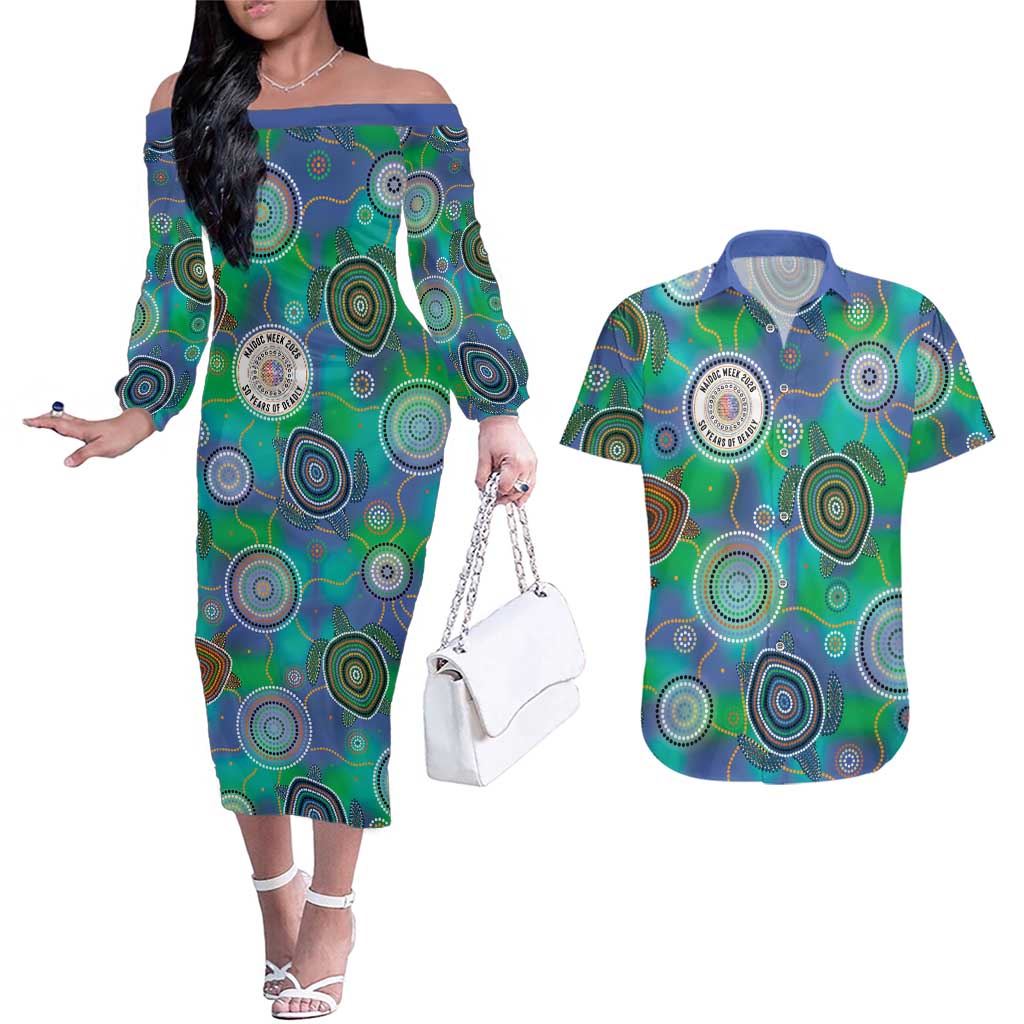 NAIDOC 50 Years of Deadly Couples Matching Off The Shoulder Long Sleeve Dress and Hawaiian Shirt Sea Turtle Aboriginal Dot Art