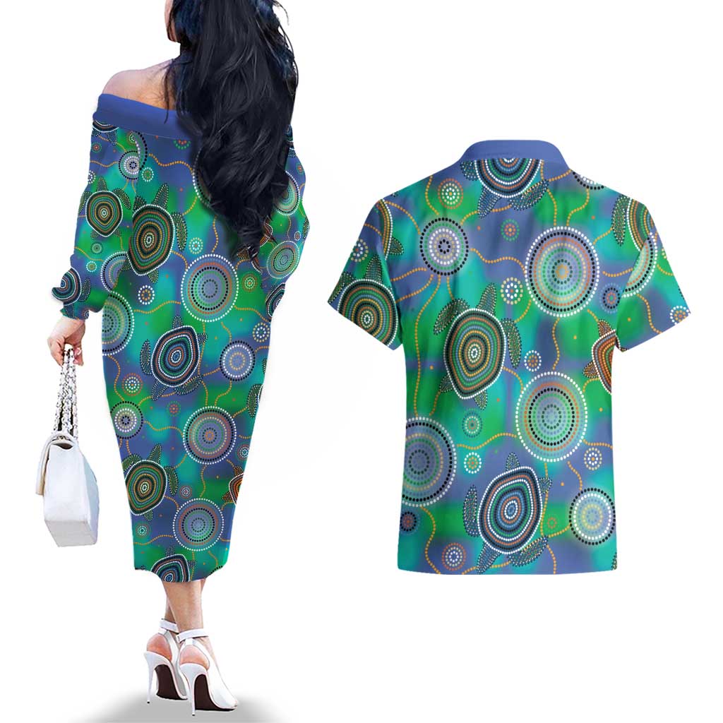 NAIDOC 50 Years of Deadly Couples Matching Off The Shoulder Long Sleeve Dress and Hawaiian Shirt Sea Turtle Aboriginal Dot Art