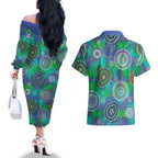 NAIDOC 50 Years of Deadly Couples Matching Off The Shoulder Long Sleeve Dress and Hawaiian Shirt Sea Turtle Aboriginal Dot Art
