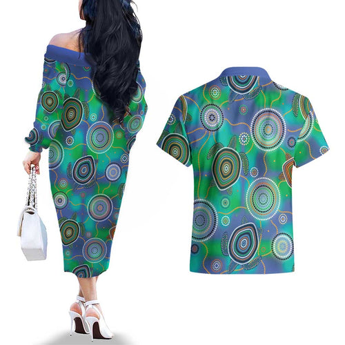 NAIDOC 50 Years of Deadly Couples Matching Off The Shoulder Long Sleeve Dress and Hawaiian Shirt Sea Turtle Aboriginal Dot Art