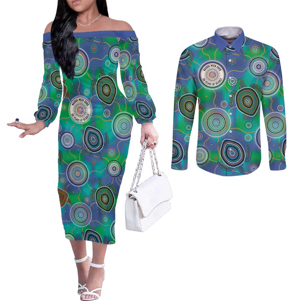 NAIDOC 50 Years of Deadly Couples Matching Off The Shoulder Long Sleeve Dress and Long Sleeve Button Shirt Sea Turtle Aboriginal Dot Art