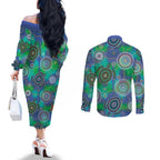 NAIDOC 50 Years of Deadly Couples Matching Off The Shoulder Long Sleeve Dress and Long Sleeve Button Shirt Sea Turtle Aboriginal Dot Art