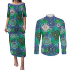 NAIDOC 50 Years of Deadly Couples Matching Puletasi and Long Sleeve Button Shirt Sea Turtle Aboriginal Dot Art