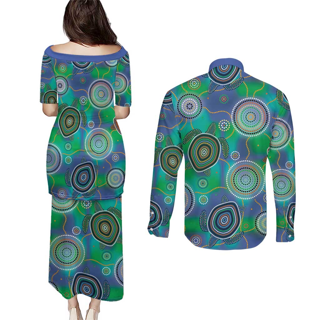 NAIDOC 50 Years of Deadly Couples Matching Puletasi and Long Sleeve Button Shirt Sea Turtle Aboriginal Dot Art