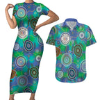 NAIDOC 50 Years of Deadly Couples Matching Short Sleeve Bodycon Dress and Hawaiian Shirt Sea Turtle Aboriginal Dot Art