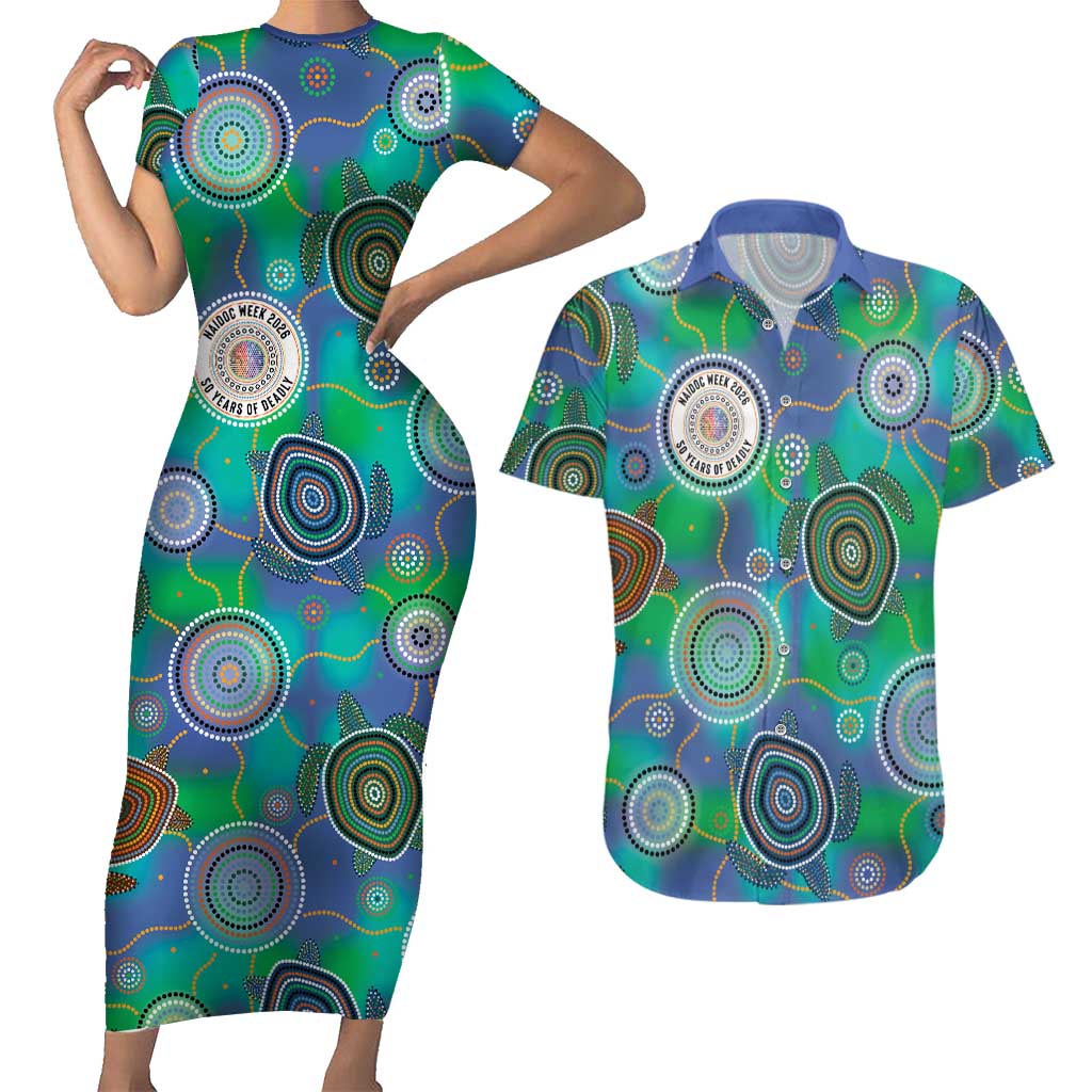 NAIDOC 50 Years of Deadly Couples Matching Short Sleeve Bodycon Dress and Hawaiian Shirt Sea Turtle Aboriginal Dot Art