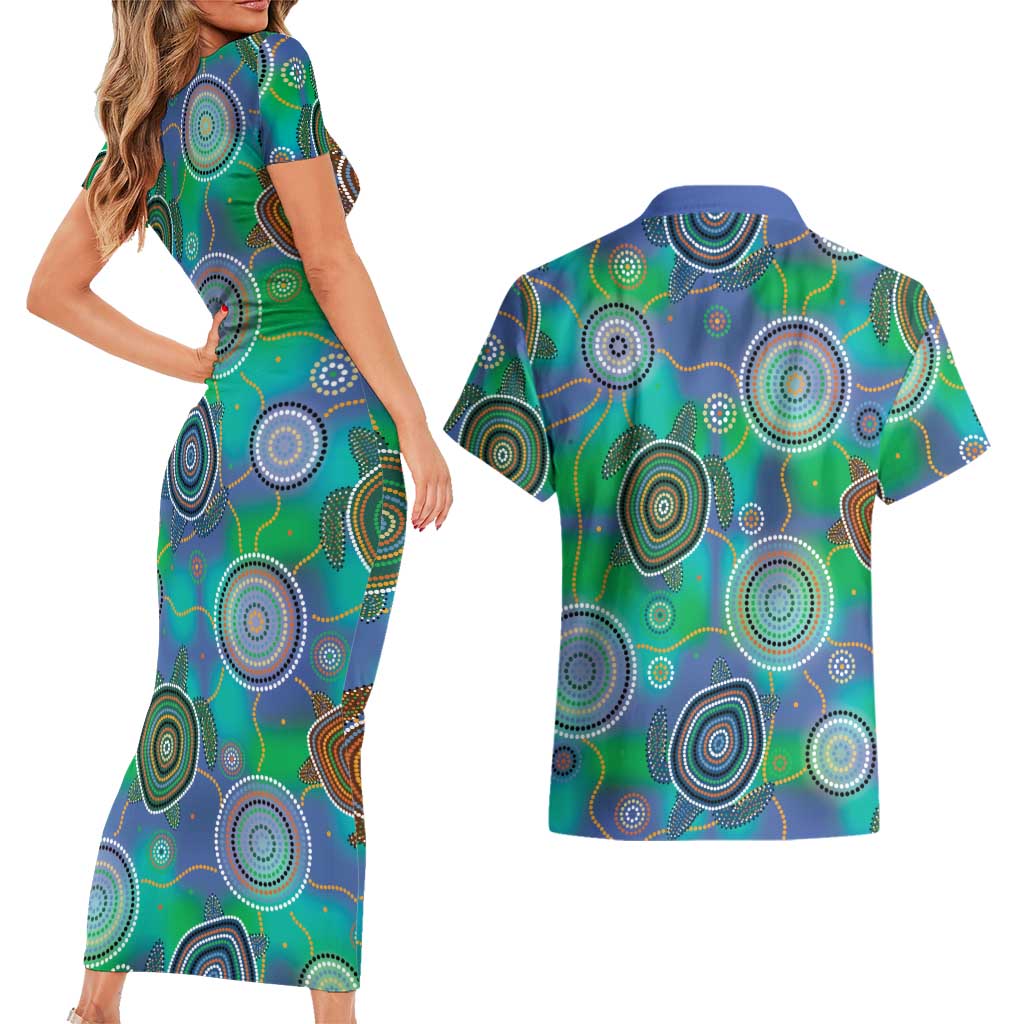 NAIDOC 50 Years of Deadly Couples Matching Short Sleeve Bodycon Dress and Hawaiian Shirt Sea Turtle Aboriginal Dot Art