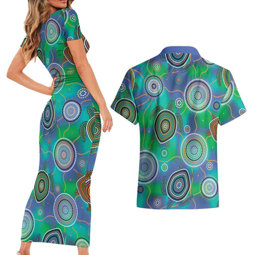 NAIDOC 50 Years of Deadly Couples Matching Short Sleeve Bodycon Dress and Hawaiian Shirt Sea Turtle Aboriginal Dot Art