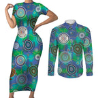 NAIDOC 50 Years of Deadly Couples Matching Short Sleeve Bodycon Dress and Long Sleeve Button Shirt Sea Turtle Aboriginal Dot Art