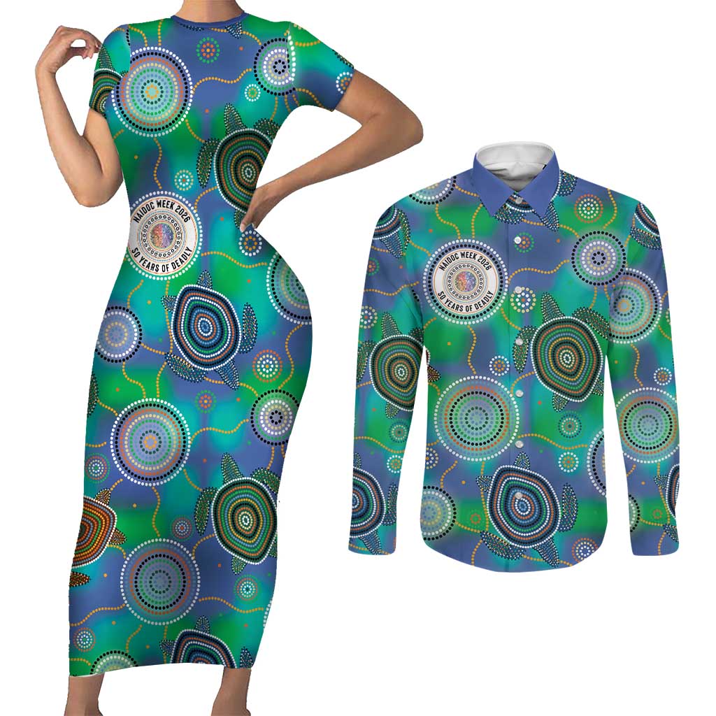 NAIDOC 50 Years of Deadly Couples Matching Short Sleeve Bodycon Dress and Long Sleeve Button Shirt Sea Turtle Aboriginal Dot Art