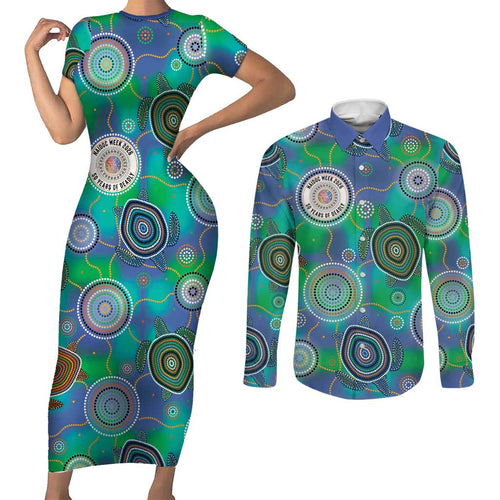 NAIDOC 50 Years of Deadly Couples Matching Short Sleeve Bodycon Dress and Long Sleeve Button Shirt Sea Turtle Aboriginal Dot Art