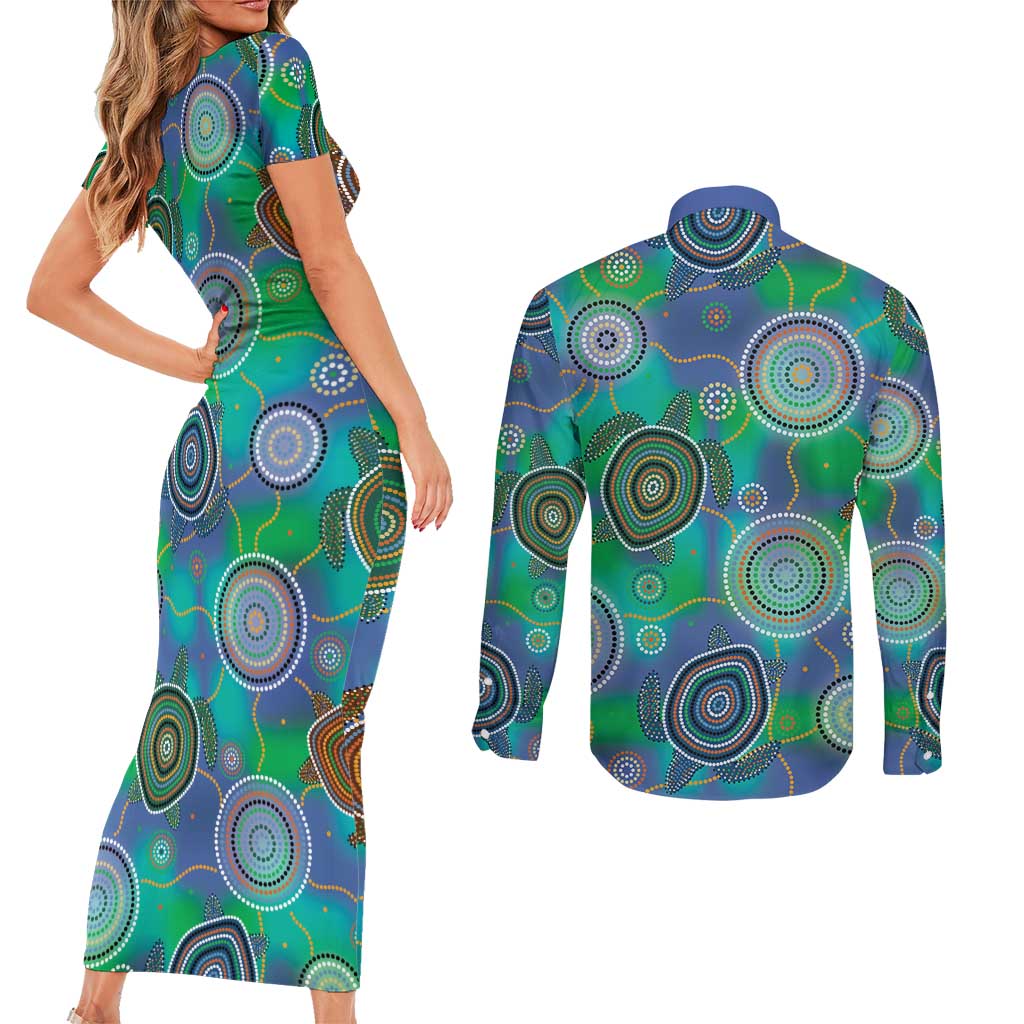 NAIDOC 50 Years of Deadly Couples Matching Short Sleeve Bodycon Dress and Long Sleeve Button Shirt Sea Turtle Aboriginal Dot Art