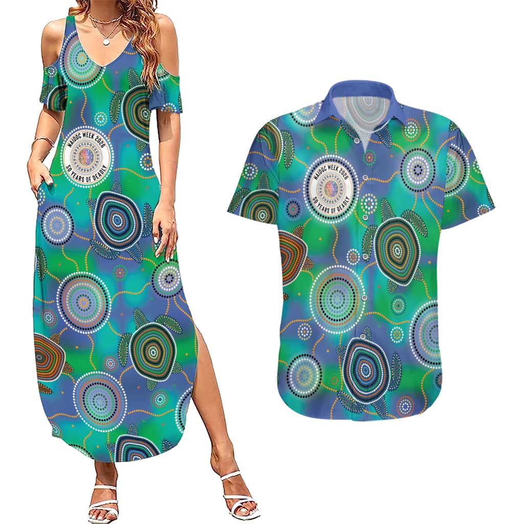 NAIDOC 50 Years of Deadly Couples Matching Summer Maxi Dress and Hawaiian Shirt Sea Turtle Aboriginal Dot Art