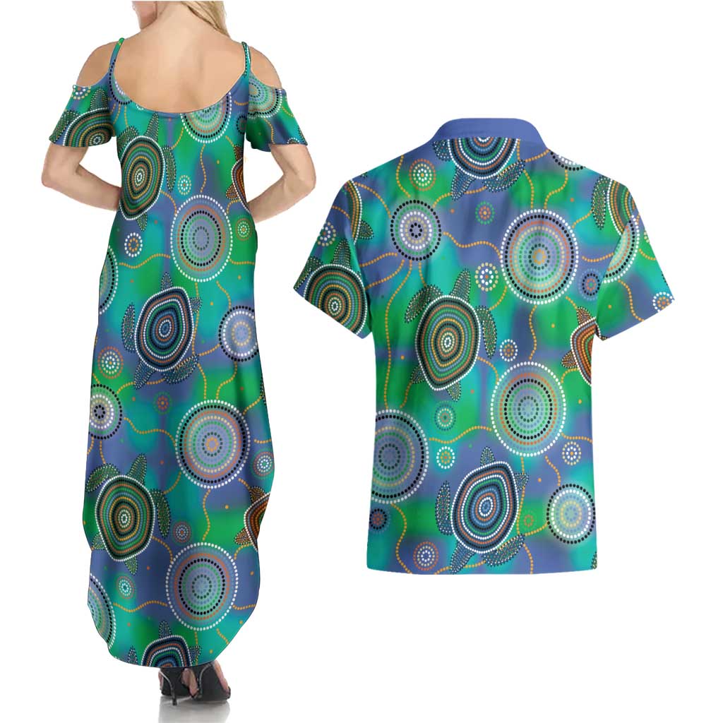 NAIDOC 50 Years of Deadly Couples Matching Summer Maxi Dress and Hawaiian Shirt Sea Turtle Aboriginal Dot Art
