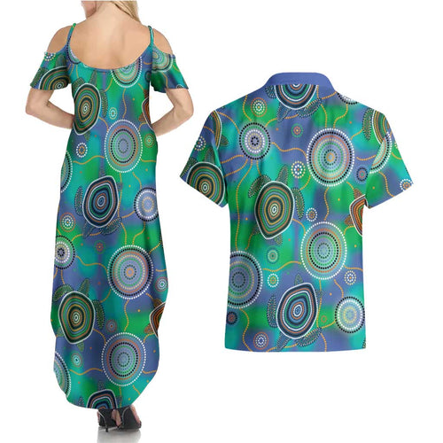 NAIDOC 50 Years of Deadly Couples Matching Summer Maxi Dress and Hawaiian Shirt Sea Turtle Aboriginal Dot Art