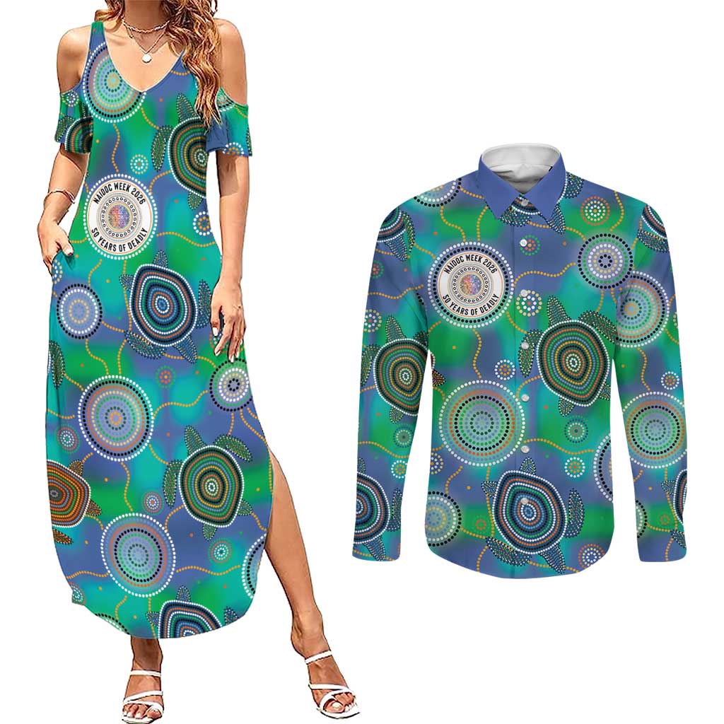 NAIDOC 50 Years of Deadly Couples Matching Summer Maxi Dress and Long Sleeve Button Shirt Sea Turtle Aboriginal Dot Art