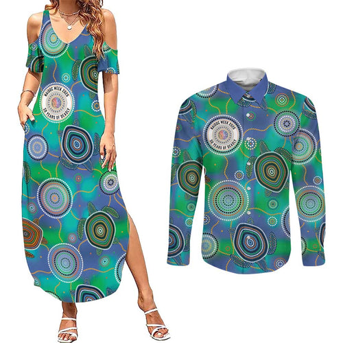NAIDOC 50 Years of Deadly Couples Matching Summer Maxi Dress and Long Sleeve Button Shirt Sea Turtle Aboriginal Dot Art