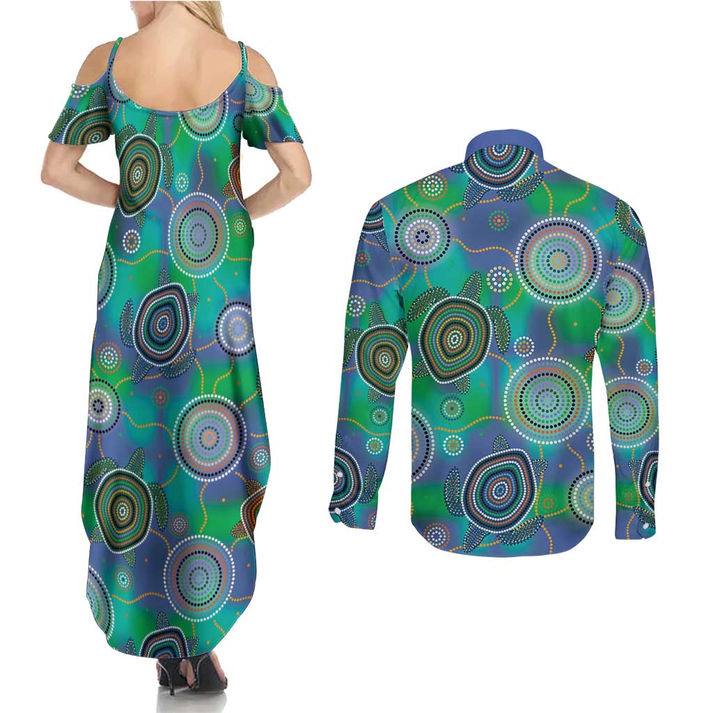 NAIDOC 50 Years of Deadly Couples Matching Summer Maxi Dress and Long Sleeve Button Shirt Sea Turtle Aboriginal Dot Art