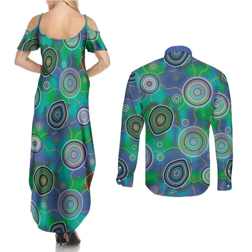 NAIDOC 50 Years of Deadly Couples Matching Summer Maxi Dress and Long Sleeve Button Shirt Sea Turtle Aboriginal Dot Art