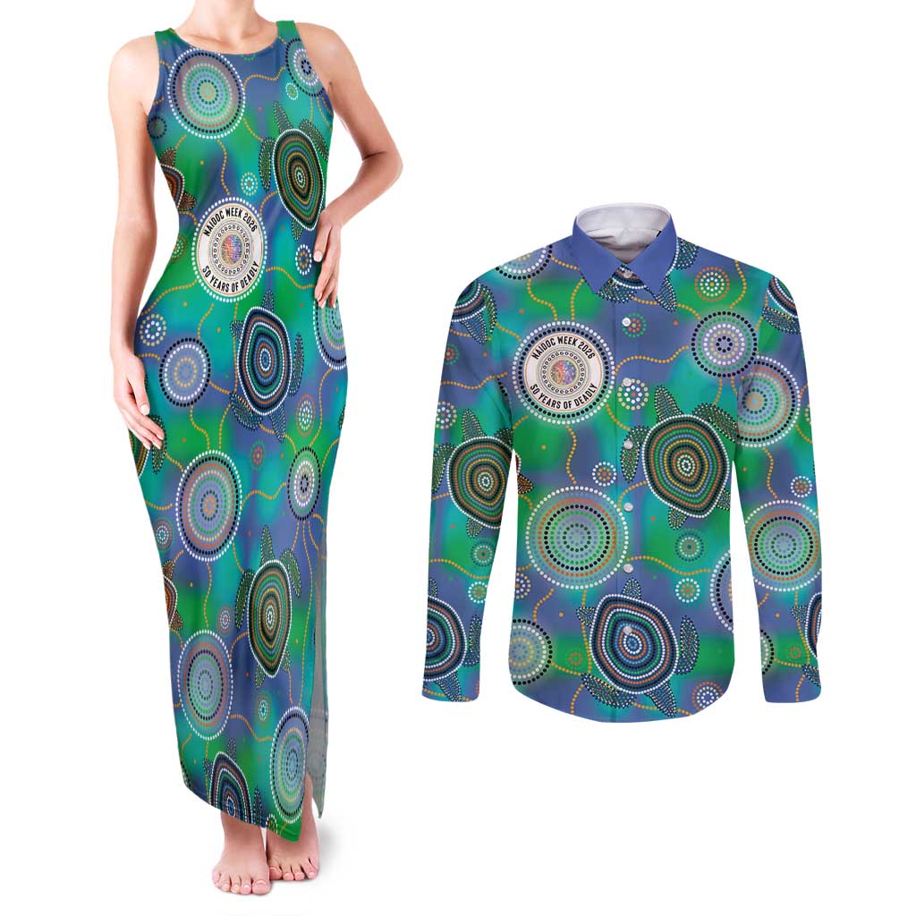 NAIDOC 50 Years of Deadly Couples Matching Tank Maxi Dress and Long Sleeve Button Shirt Sea Turtle Aboriginal Dot Art