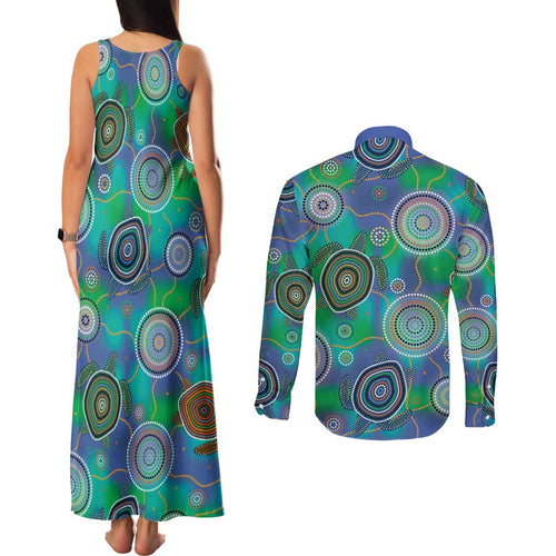 NAIDOC 50 Years of Deadly Couples Matching Tank Maxi Dress and Long Sleeve Button Shirt Sea Turtle Aboriginal Dot Art