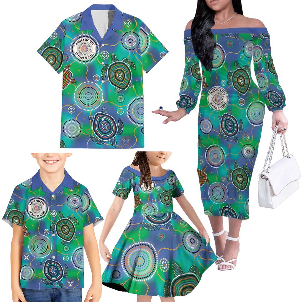 NAIDOC 50 Years of Deadly Family Matching Off The Shoulder Long Sleeve Dress and Hawaiian Shirt Sea Turtle Aboriginal Dot Art