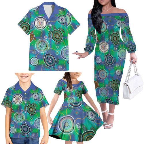 NAIDOC 50 Years of Deadly Family Matching Off The Shoulder Long Sleeve Dress and Hawaiian Shirt Sea Turtle Aboriginal Dot Art