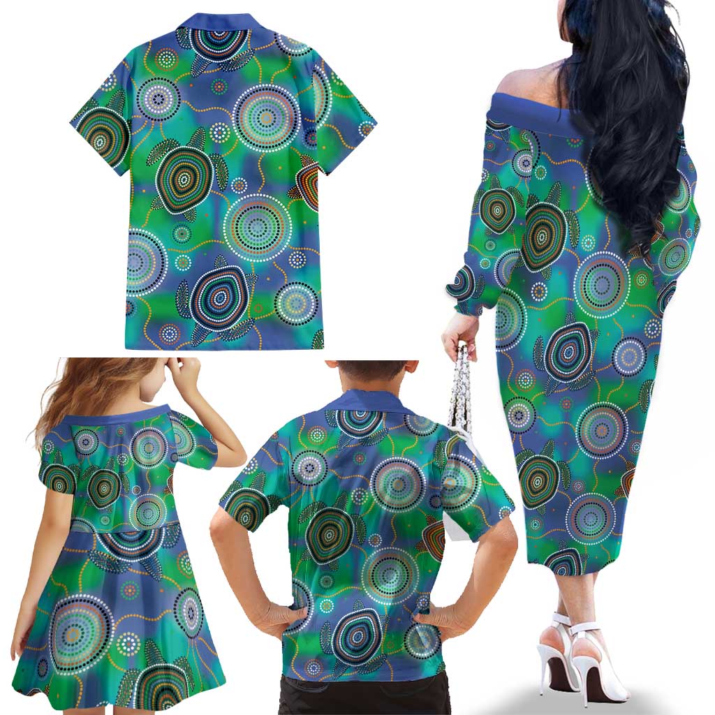 NAIDOC 50 Years of Deadly Family Matching Off The Shoulder Long Sleeve Dress and Hawaiian Shirt Sea Turtle Aboriginal Dot Art