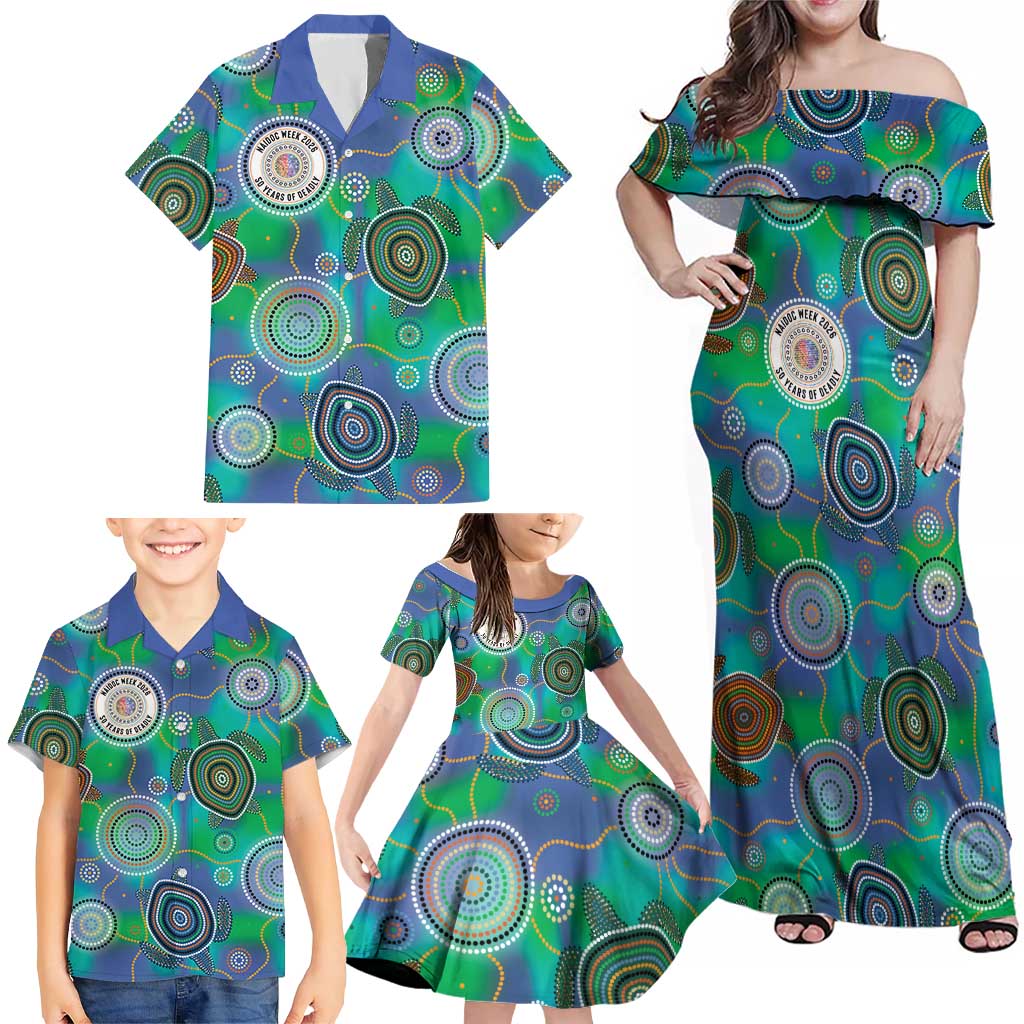 NAIDOC 50 Years of Deadly Family Matching Off Shoulder Maxi Dress and Hawaiian Shirt Sea Turtle Aboriginal Dot Art