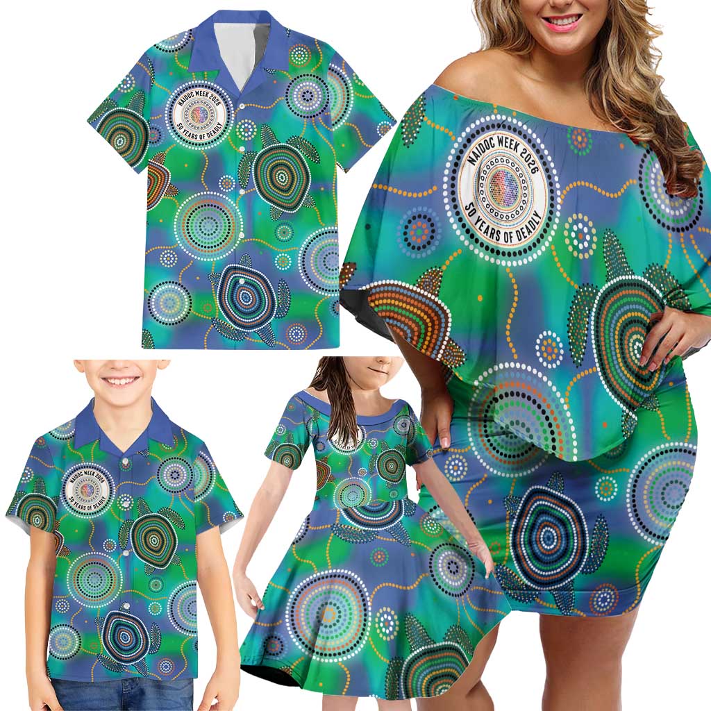 NAIDOC 50 Years of Deadly Family Matching Off Shoulder Short Dress and Hawaiian Shirt Sea Turtle Aboriginal Dot Art