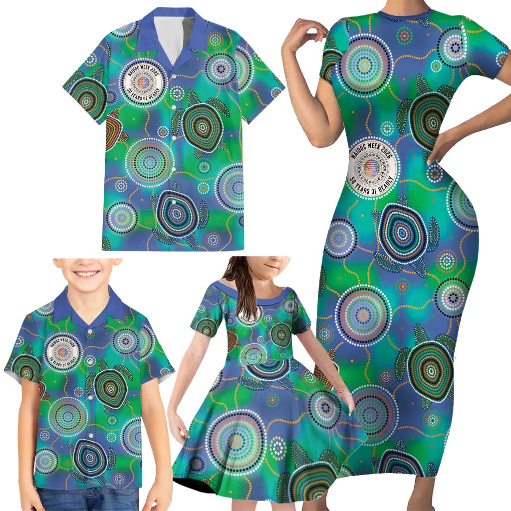 NAIDOC 50 Years of Deadly Family Matching Short Sleeve Bodycon Dress and Hawaiian Shirt Sea Turtle Aboriginal Dot Art