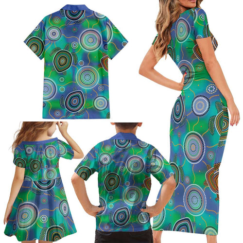 NAIDOC 50 Years of Deadly Family Matching Short Sleeve Bodycon Dress and Hawaiian Shirt Sea Turtle Aboriginal Dot Art