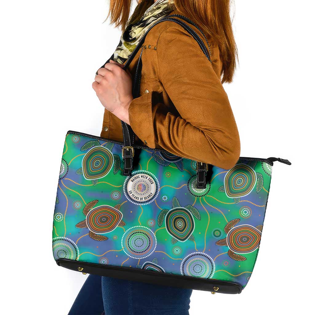 NAIDOC 50 Years of Deadly Leather Tote Bag Sea Turtle Aboriginal Dot Art