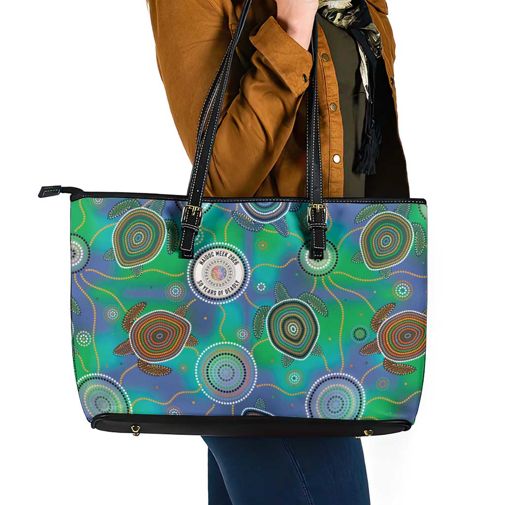 NAIDOC 50 Years of Deadly Leather Tote Bag Sea Turtle Aboriginal Dot Art