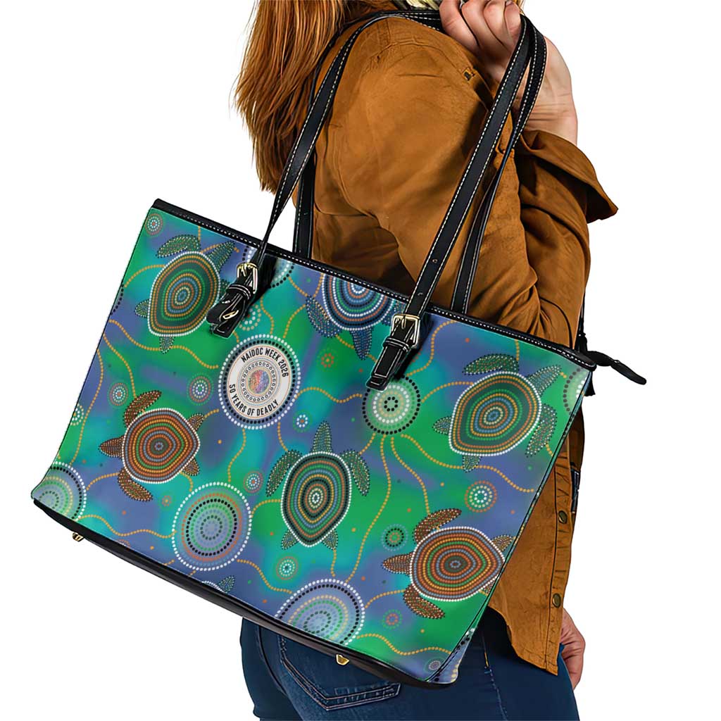 NAIDOC 50 Years of Deadly Leather Tote Bag Sea Turtle Aboriginal Dot Art