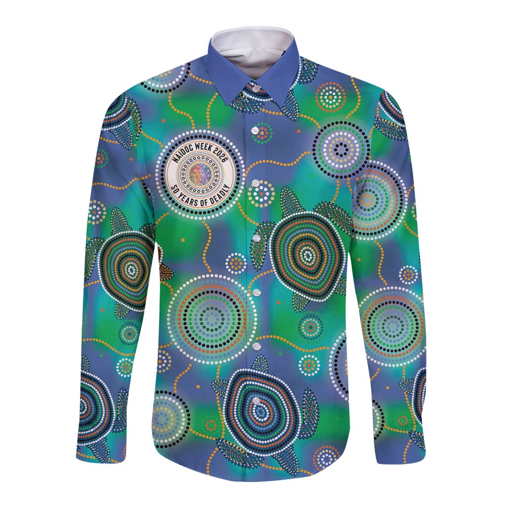 NAIDOC 50 Years of Deadly Long Sleeve Button Shirt Sea Turtle Aboriginal Dot Art