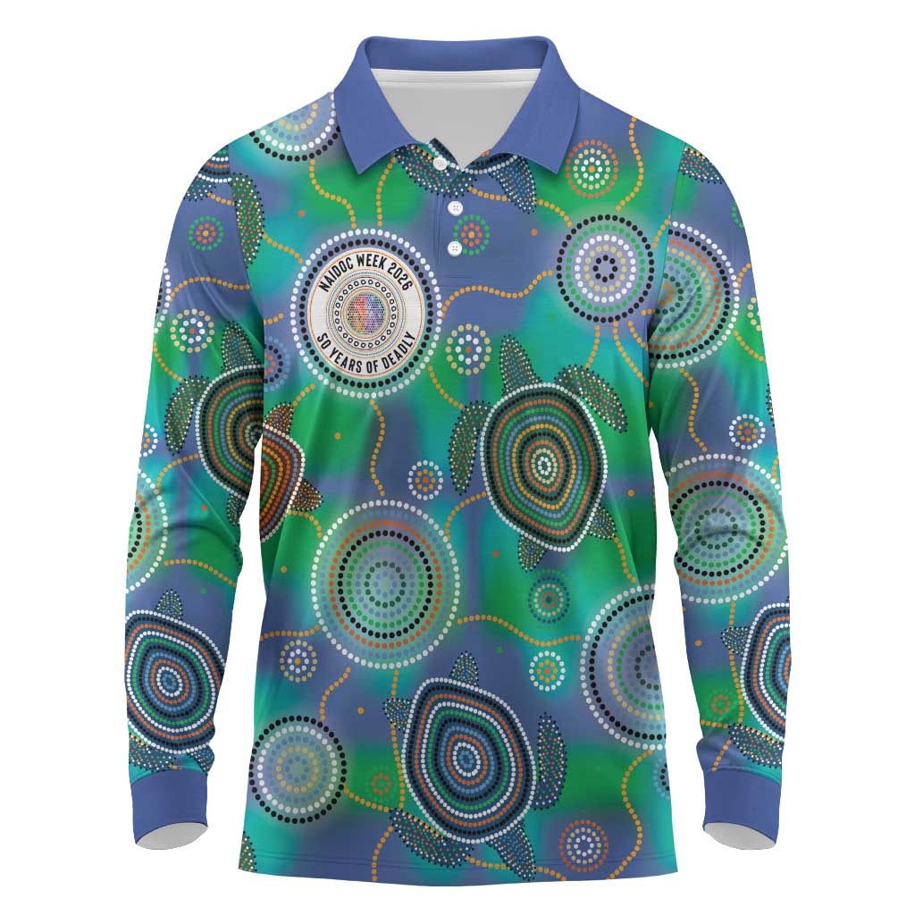 NAIDOC 50 Years of Deadly Long Sleeve Polo Shirt Sea Turtle Aboriginal Dot Art