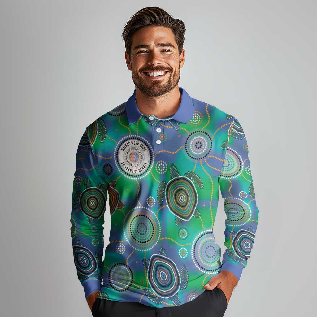 NAIDOC 50 Years of Deadly Long Sleeve Polo Shirt Sea Turtle Aboriginal Dot Art