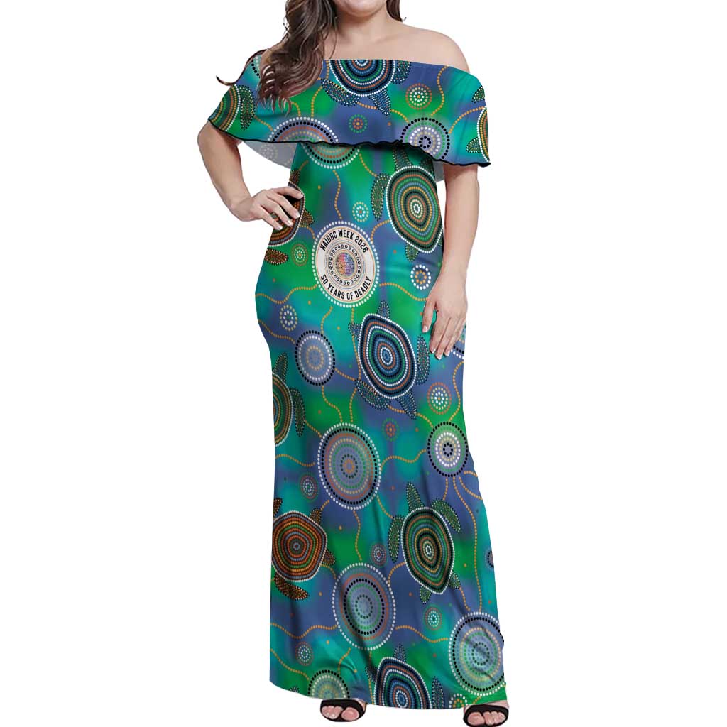 NAIDOC 50 Years of Deadly Off Shoulder Maxi Dress Sea Turtle Aboriginal Dot Art