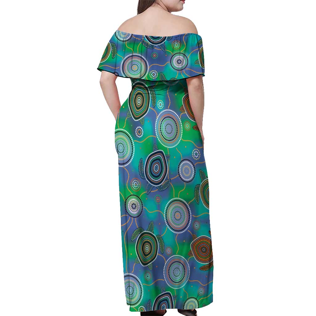 NAIDOC 50 Years of Deadly Off Shoulder Maxi Dress Sea Turtle Aboriginal Dot Art