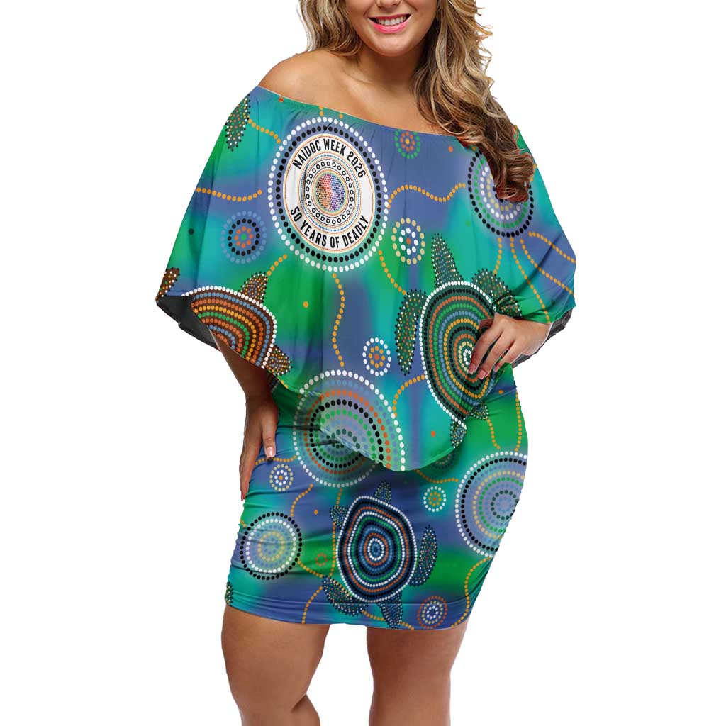 NAIDOC 50 Years of Deadly Off Shoulder Short Dress Sea Turtle Aboriginal Dot Art