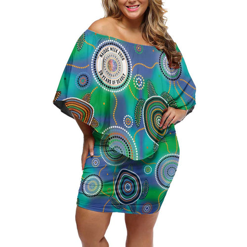 NAIDOC 50 Years of Deadly Off Shoulder Short Dress Sea Turtle Aboriginal Dot Art