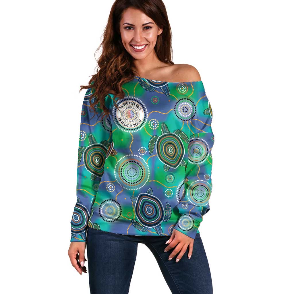 NAIDOC 50 Years of Deadly Off Shoulder Sweater Sea Turtle Aboriginal Dot Art