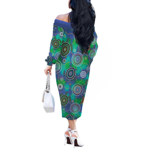 NAIDOC 50 Years of Deadly Off The Shoulder Long Sleeve Dress Sea Turtle Aboriginal Dot Art
