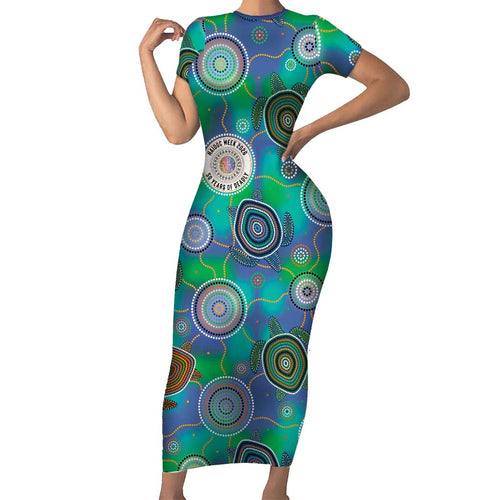 NAIDOC 50 Years of Deadly Short Sleeve Bodycon Dress Sea Turtle Aboriginal Dot Art