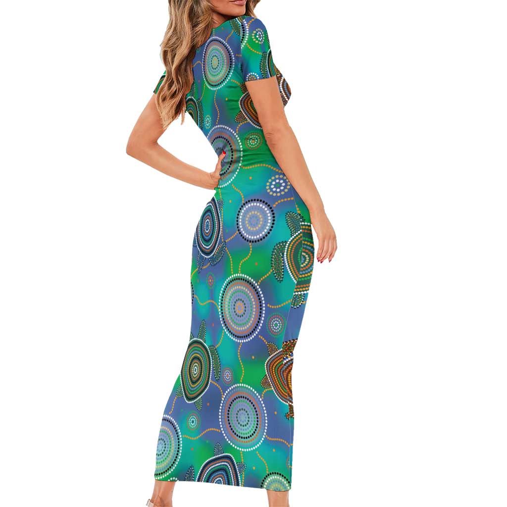NAIDOC 50 Years of Deadly Short Sleeve Bodycon Dress Sea Turtle Aboriginal Dot Art