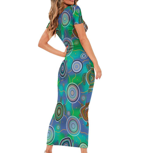 NAIDOC 50 Years of Deadly Short Sleeve Bodycon Dress Sea Turtle Aboriginal Dot Art