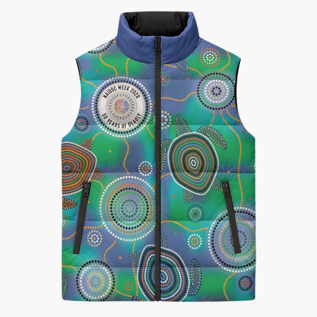 NAIDOC 50 Years of Deadly Sleeveless Puffer Jacket Sea Turtle Aboriginal Dot Art