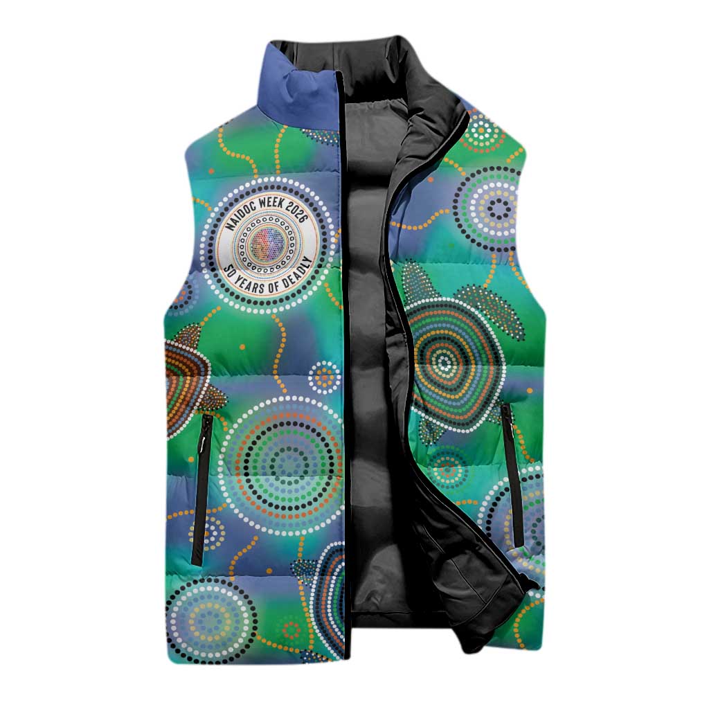 NAIDOC 50 Years of Deadly Sleeveless Puffer Jacket Sea Turtle Aboriginal Dot Art