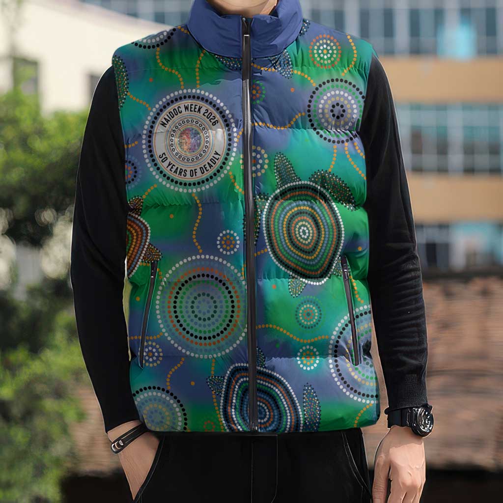 NAIDOC 50 Years of Deadly Sleeveless Puffer Jacket Sea Turtle Aboriginal Dot Art